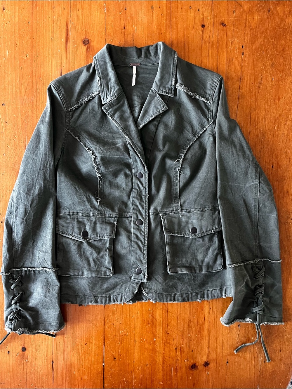 Free People Boho Surplus Military Utility Jacket Blazer Army Green Ruffle